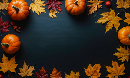 Autumn background with pumpkins, leaves and berries. Space for textの素材