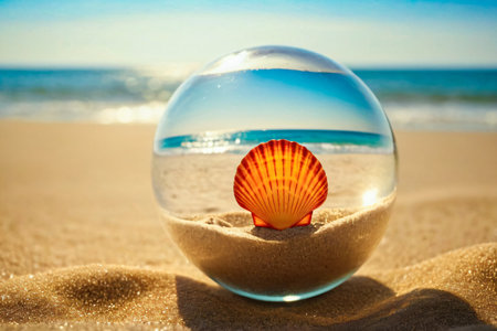 Glass ball with seashell on the beach. Summer vacation concept.の素材