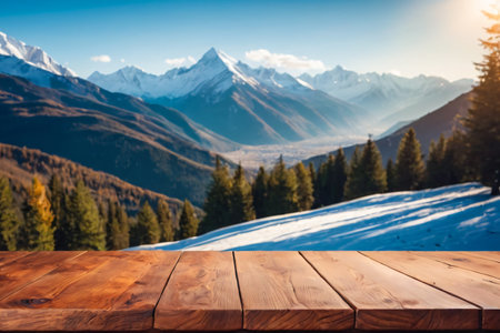 Wooden table in front of beautiful mountain landscape. Collage.の素材