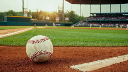 Baseball ball on the field in baseball stadium with players in the backgroundの素材