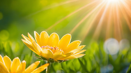 Beautiful yellow gerbera flower on green grass background with sunlightの素材