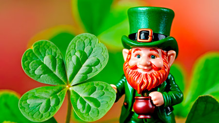 Saint Patrick's Day background with clover leaves and Leprechaun figurineの素材