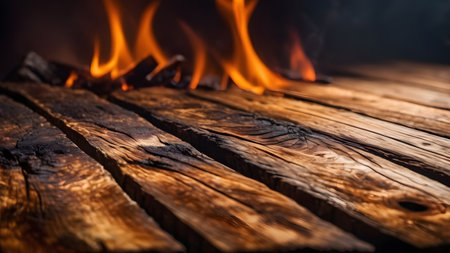 Burning wood in a fireplace on a dark background close-upの素材