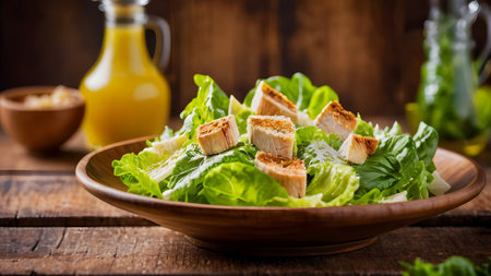 Salad with fried tofu and fresh green salad on wooden background.の素材