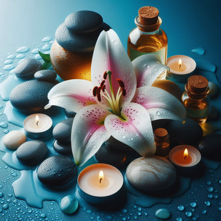 Spa still life with lily flower, candles and water dropsの素材