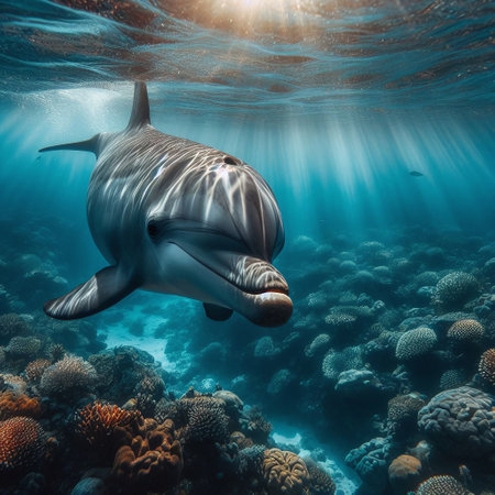 Dolphin swimming in the blue sea with corals and sun raysの素材