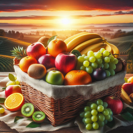 Basket of fresh fruits on wooden table in Tuscany, Italyの素材