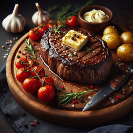 Grilled beef steak with butter, garlic and tomatoes on wooden boardの素材