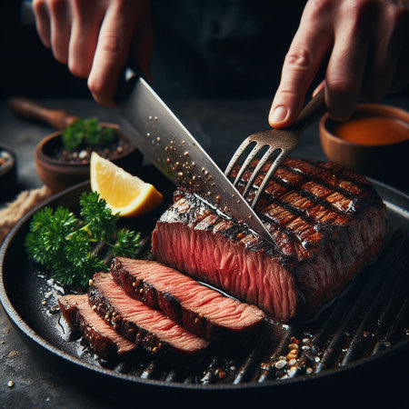Grilled beef steak with herbs and spices on grill pan. Toned imageの素材