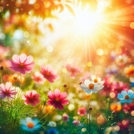 Cosmos flowers with sunbeams and bokeh background.の素材