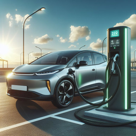 EV charging station for electric car in concept of green energy produced from sustainable source to supply to charger station in order to reduce CO2 emission. 3d render.の素材