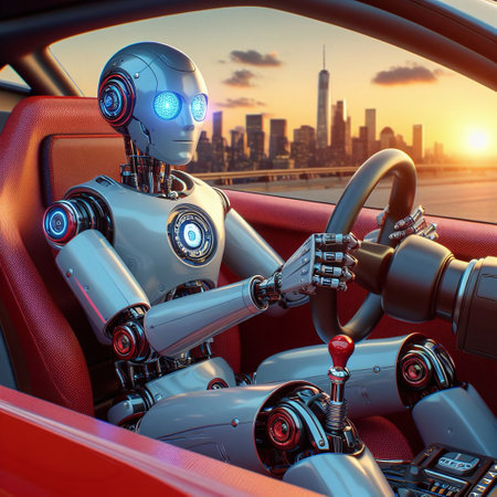 3d rendering humanoid robot driving a car in the city at sunsetの素材