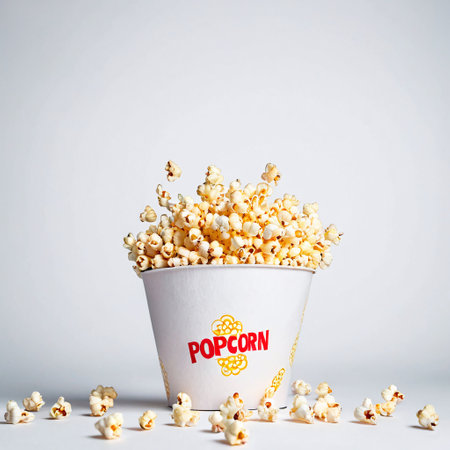 Popcorn in a paper cup on a white background. Cinema conceptの素材