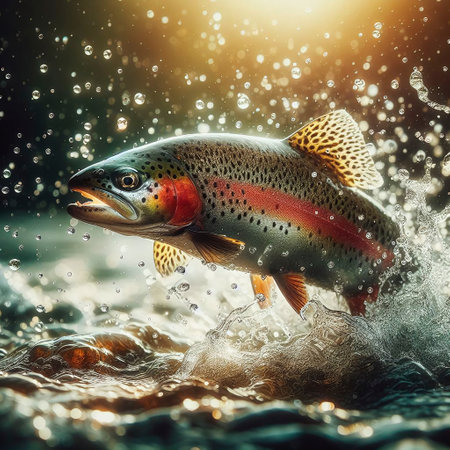 Rainbow trout in water with splashes of water and sunlight.の素材