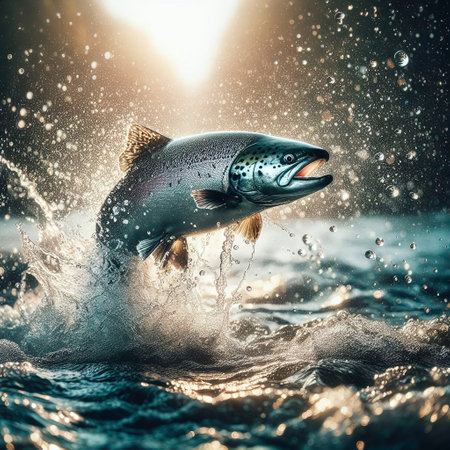 Rainbow trout with splashes of water on a background of sunset.の素材