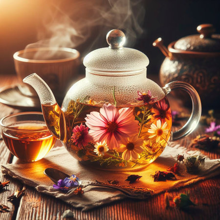 Herbal tea with flowers in a glass teapot on a wooden tableの素材