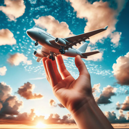 Airplane in hand on sky background. Travel and transport concept.の素材