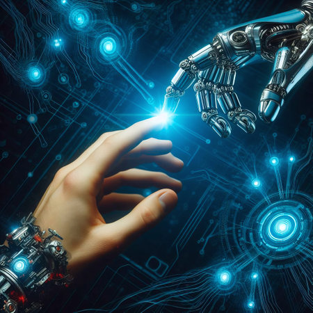 Close up of human hand touching with finger robotic arm on circuit board backgroundの素材