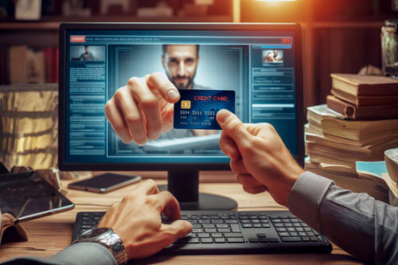 Man holding credit card and using computer for online shopping. Online payment concept.の素材