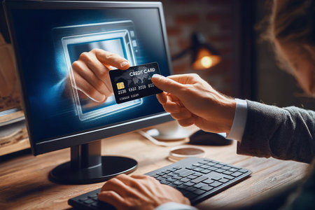 cropped shot of man holding credit card and using computer at homeの素材