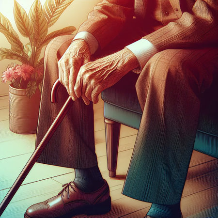 Elderly man sitting on a chair with a cane in his handsの素材