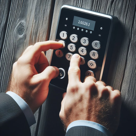 Close up of businessman's hands dialing numbers on electronic keypadの素材