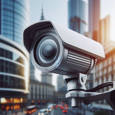 CCTV security camera in city. 3d rendering and illustration.の素材