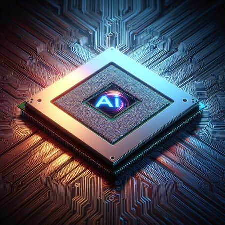 Highly rendering of a cpu in front of a circuit board backgroundの素材