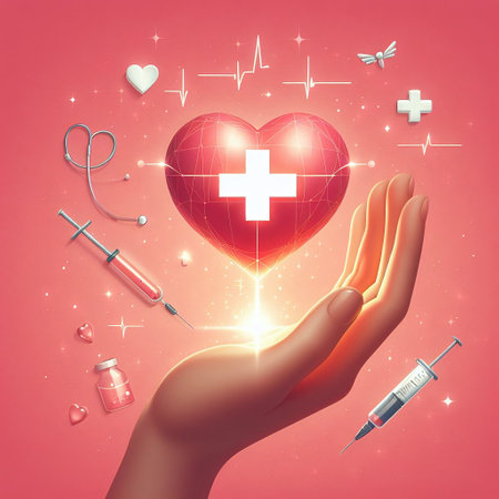 Medical background with doctor hand holding red heart and syringe. Vector illustration.の素材