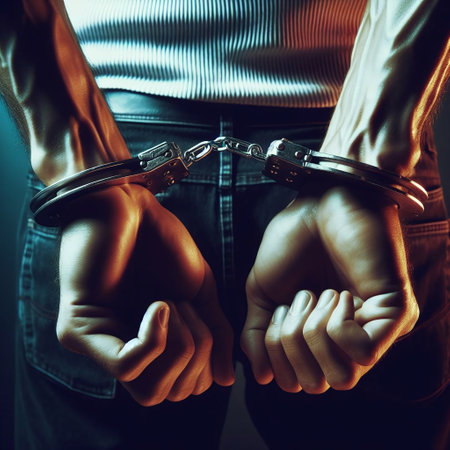 Handcuffed man and woman in handcuffs on a dark background.の素材