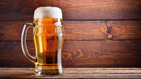 Mug of beer on a wooden background. Beer in a glass.の素材