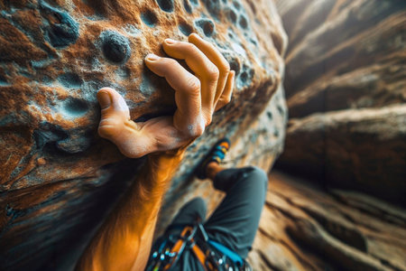 male rock climber climbing on a rocky wall, extreme sport and bouldering conceptの素材
