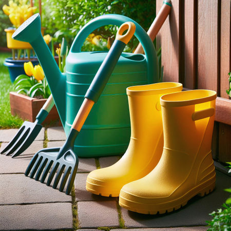 Garden tools and watering can in the garden. Gardening conceptの素材