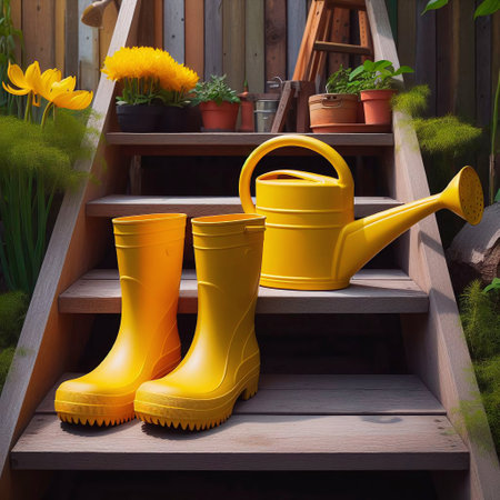 Yellow rubber boots and watering can on the stairs in the garden.の素材