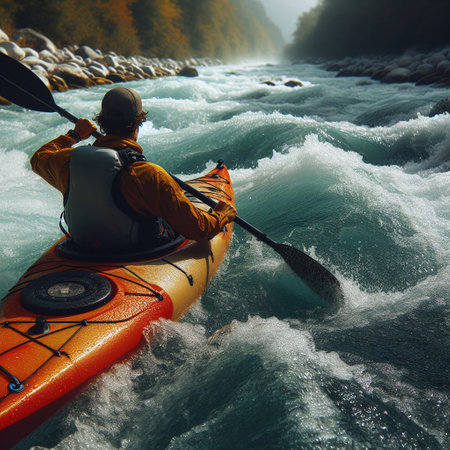 Man kayaking on the mountain river. Sport and active life concept.の素材