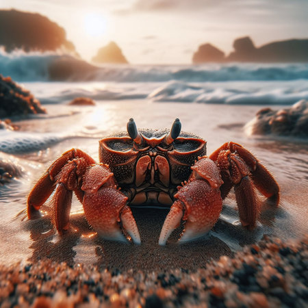 Crab on the seashore at sunset. 3d renderingの素材