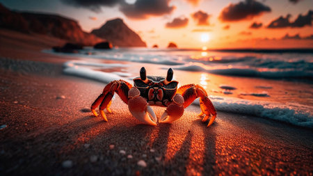 Crab on the beach at sunset. 3d render illustration.の素材