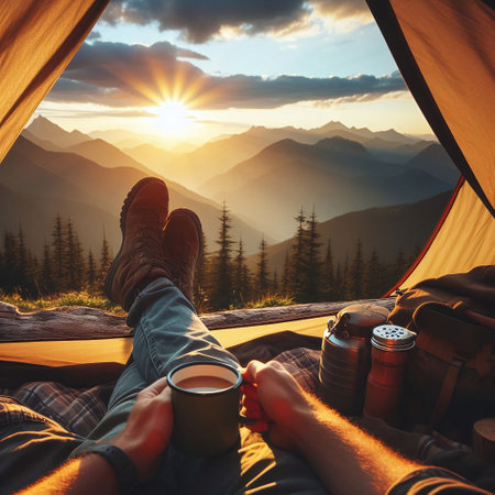 Couple relaxing in camping tent and drinking coffee in mountains at sunsetの素材
