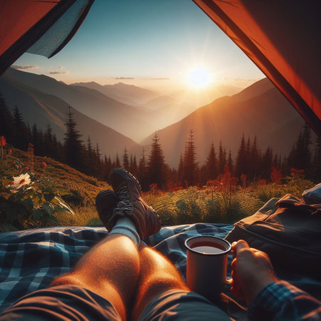 Hiker relaxing in tent with cup of coffee on top of mountainの素材
