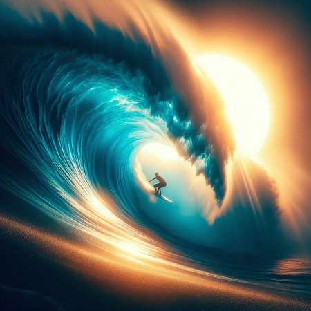 Surfer in ocean wave at sunset. 3D rendering and illustration.の素材