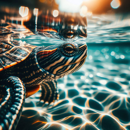 Turtle swims in the pool in the rays of the setting sunの素材