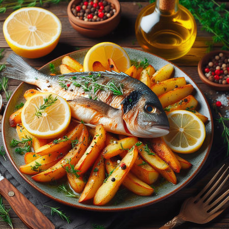 Baked dorado fish with potatoes and rosemary on the plateの素材