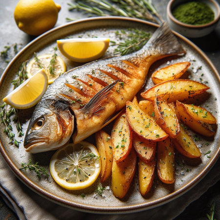 Baked dorado fish with potatoes, herbs and lemon.の素材