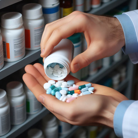 Close-up of a male pharmacist taking pills from a container.の素材