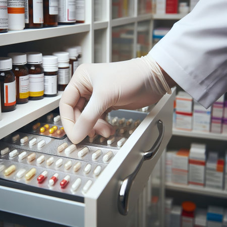 Close-up of a pharmacist taking pills from a shelf in a pharmacyの素材