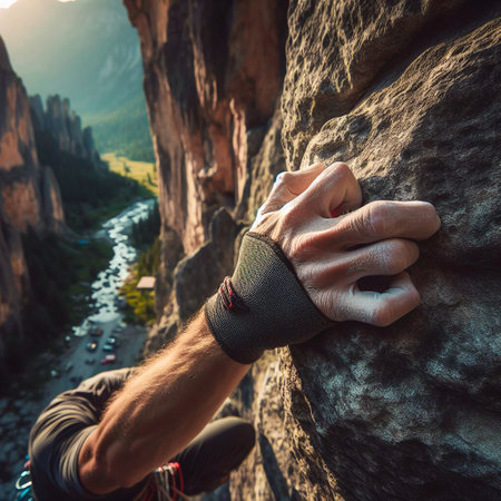 Hands of a climber on the background of the mountains.の素材