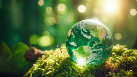 globe on green moss with bokeh background, save earth conceptの素材