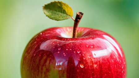 Close up of a red apple with water droplets on it.の素材