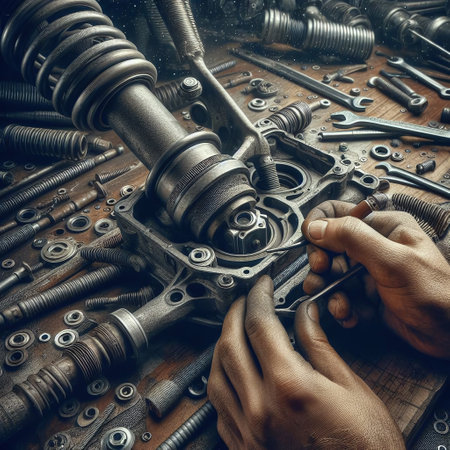 Auto mechanic repairing a car engine with a wrench on a workbench.の素材