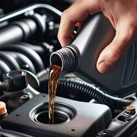 Close-up of a male hand pouring oil into a car engineの素材